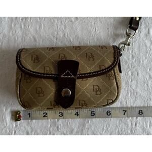 Dooney & Bourke Signature Flap Wristlet Wallet Canvas Logo W/Brown Leather Trim